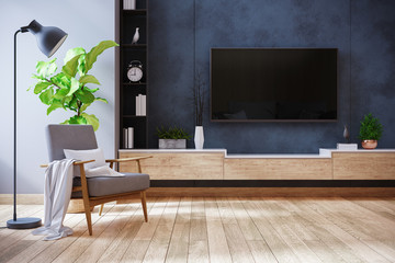  TV cabinet and display with on wood flooring and blue grunge wall, minimalist and vintage interior of living room,  ,3d rendering