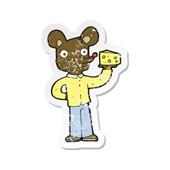 retro distressed sticker of a cartoon mouse holding cheese
