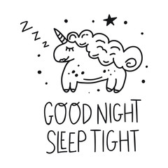 Sleeping unicorn. Hand drawn icon with lettering. Vector illustration for greeting card, textile t shirt, print, stickers, posters design.