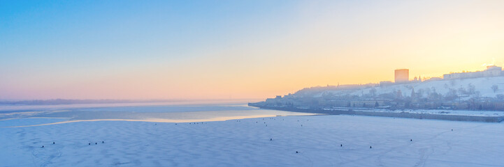 Panorama of the Nizhny Novgorod and the Volga River at dawn, Russia