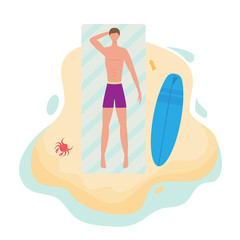 Surfer Man Sunbathing on the Beach