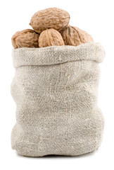 Bag of walnuts isolated on white background
