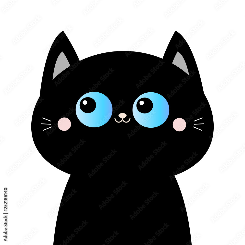 Wall mural black cat head face silhouette. blue eyes. pink blush cheeks. funny kawaii animal. baby card. cute c