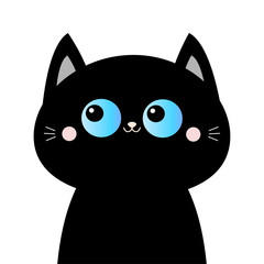 Black cat head face silhouette. Blue eyes. Pink blush cheeks. Funny Kawaii animal. Baby card. Cute cartoon funny character. Pet collection. Flat design. White background. Isolated.