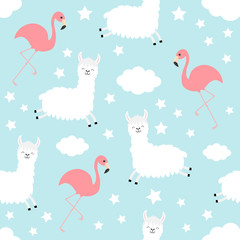 Seamless Pattern. Alpaca llama. Flamingo. Cloud star in the sky. Cute cartoon kawaii funny smiling baby character. Wrapping paper, textile template. Nursery decoration. Blue background. Flat