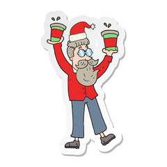 sticker of a cartoon man with coffee cups at christmas