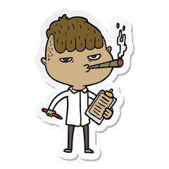 sticker of a cartoon salesman smoking