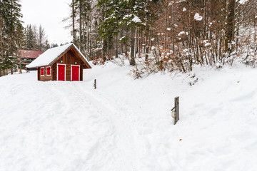 Snowfall on the Fusine lakes. Ghaccio and enchanting snow. Tarvisio, Friuli