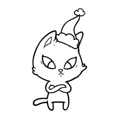 confused line drawing of a cat wearing santa hat