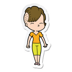 sticker of a cartoon squinting girl