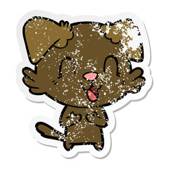 distressed sticker of a laughing cartoon dog