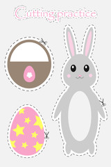 Easter egg, bunny and basket in cartoon style, cutting practice, education game for the development of preschool children, use scissors, cut the images, vector illustration