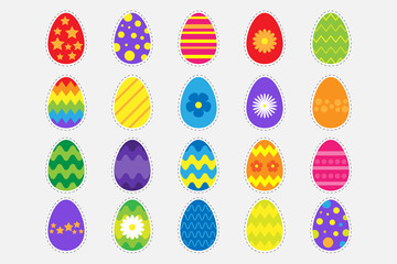 Different colorful easter decoration eggs for children, fun education game for kids, preschool activity, set of stickers, vector illustration