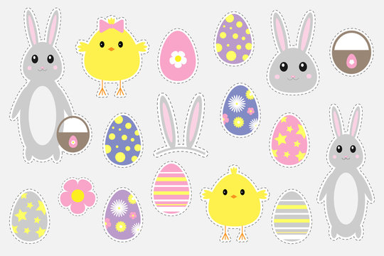 Different colorful easter pictures for children, fun education game for kids, preschool activity, set of stickers, vector illustration