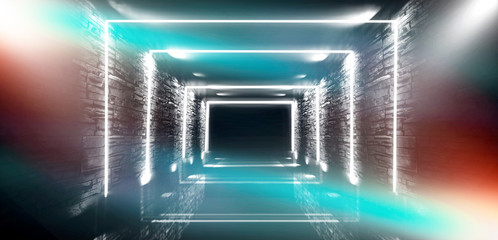 Abstract arch, tunnel, corridor, neon light, rays. 3d illustration