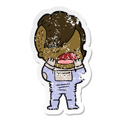 distressed sticker of a cartoon cool hipster girl in space suit