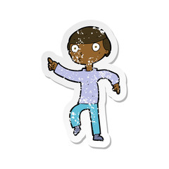 retro distressed sticker of a cartoon boy pointing