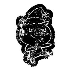 happy cartoon distressed icon of a pig dancing wearing santa hat