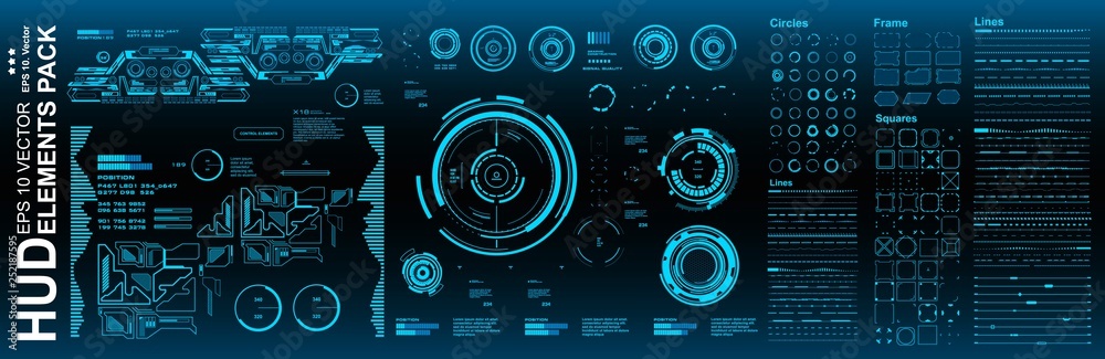 Fototapete Dashboard blue display virtual reality technology screen. HUD futuristic user interface, target. HUD elements mega pack set.