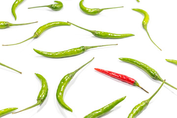 Fresh green and red chili pepper is a frame pattern isolated on white background.