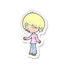 retro distressed sticker of a cartoon confused woman