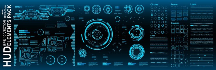Dashboard blue display virtual reality technology screen. HUD futuristic user interface, target. HUD elements mega pack set.