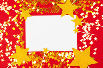 colorful confetti background. gold, red with copy space