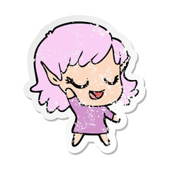 distressed sticker of a happy cartoon elf girl