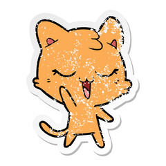 distressed sticker of a happy cartoon cat