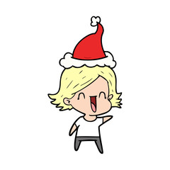 line drawing of a happy woman wearing santa hat