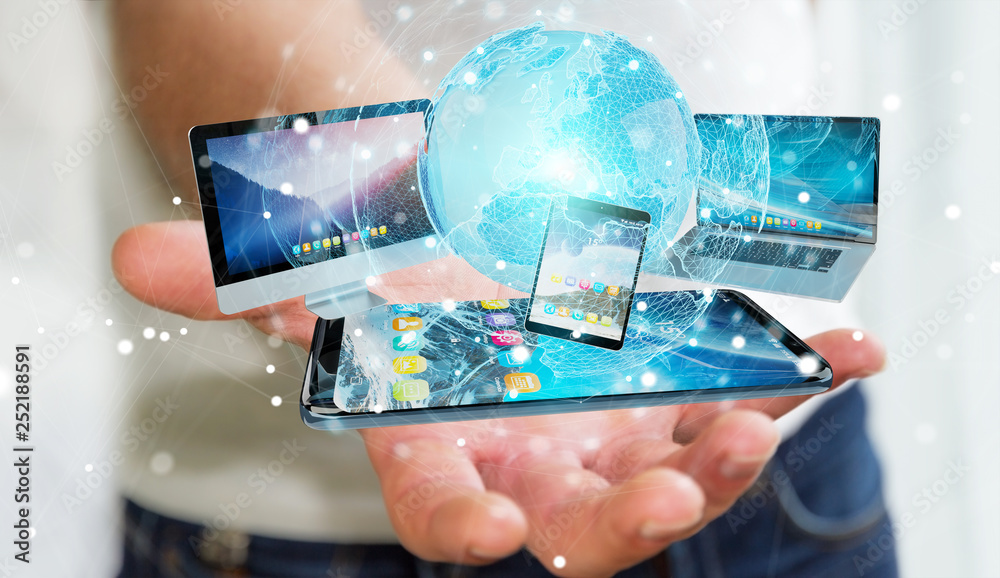 Aufkleber businessman connecting tech devices and icons applications 3d rendering