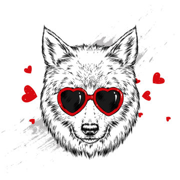 Beautiful wolf or dog with glasses in shape of heart. Vector illustration for postcard, print on clothes. Fashion & Style. - Vector