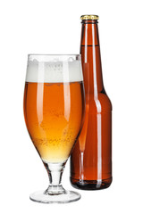 Beer bottle and beer glass on white background