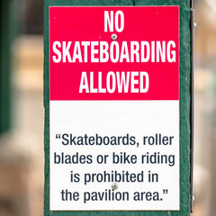 No Skateboarding Allowed in the pavilion area sign