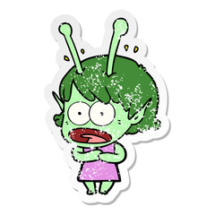 distressed sticker of a cartoon shocked alien girl