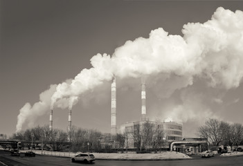 Obraz premium Power plant, smoke from the chimney. Toned image