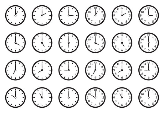 Analog Clock Icons. Black Flat Design. Vector Illustration.