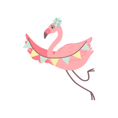 Cute Flamingo with Party Flags, Beautiful Exotic Bird Character Vector Illustration