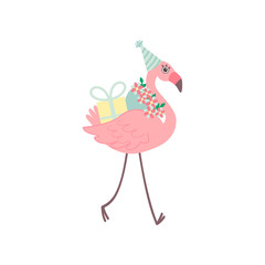 Cute Flamingo Wearing Party Hat Walking with Bouquet of Flowers and Gift Box, Beautiful Exotic Bird Character Vector Illustration