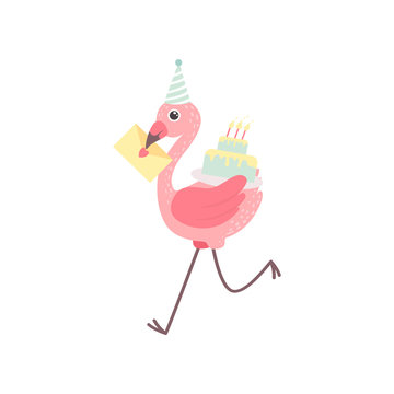 Cute Flamingo Wearing Party Hat Running with Birthday Cake and Greeting Card, Beautiful Exotic Bird Character Vector Illustration