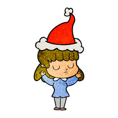 textured cartoon of a indifferent woman wearing santa hat