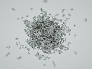 Chaotic cluster of letters around the sphere 3D illustration
