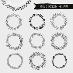 Collection of hand drawn wreaths, round floral vector frames set