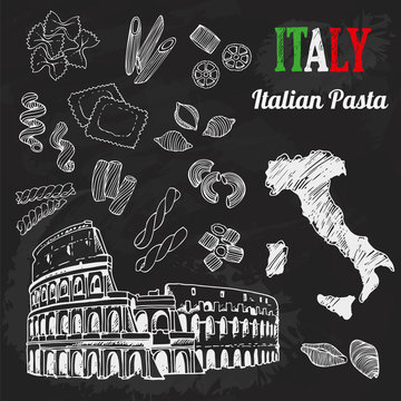 Italian pasta set, collection of Italian architecture, food, map of Italy, lettering. Chalkboard background