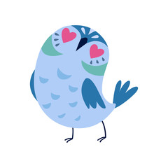 Cute Blue Owlet with Heart Shaped Eyes, Adorable Owl Bird Vector Illustration