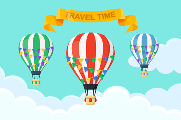 Hot air balloon in the sky with clouds. Flat cartoon design. Vector illustration