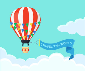 Obraz premium Hot air balloon in the sky with clouds. Flat cartoon design. Vector illustration
