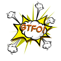 GTFO, colorful speech bubble and explosions in pop art style. Elements of design comic books. Raster Object isolated on white