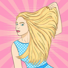 Pop art background, pink sun rays. A young girl advertises shampoo, long hair. Raster