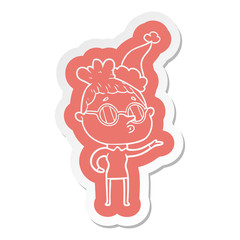 cartoon  sticker of a woman wearing glasses wearing santa hat